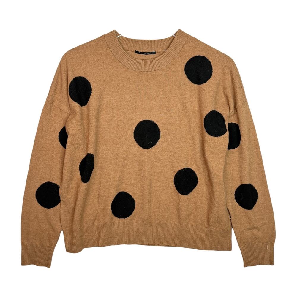T Tahari Polka Dot Crewneck Sweater Cropped Knit Cozy Tan Black Womens Medium